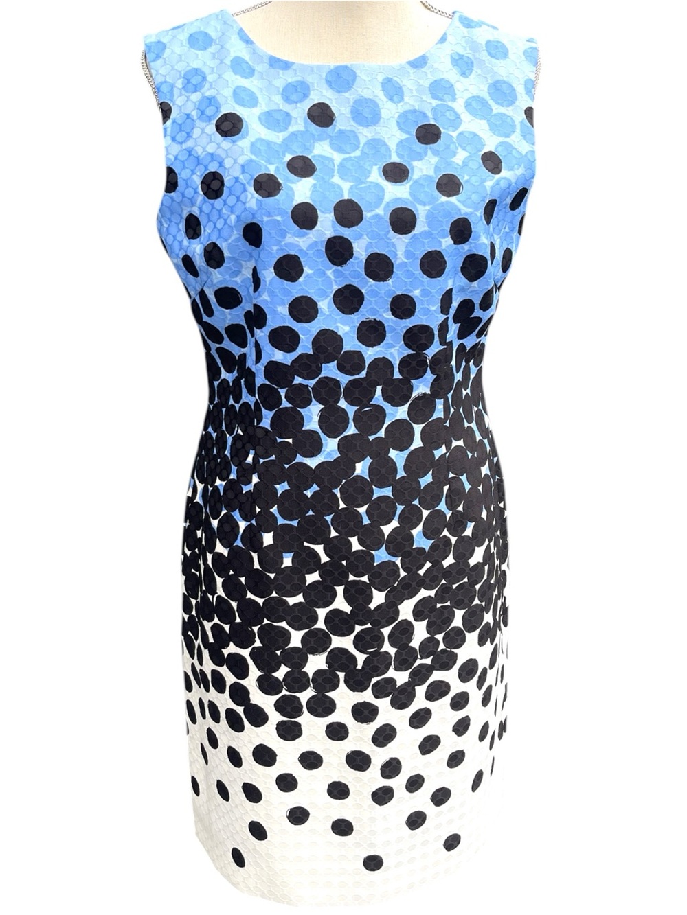 Tahari ASL White/Black/Blue Dot Sleeveless Sheath Dress (6)
